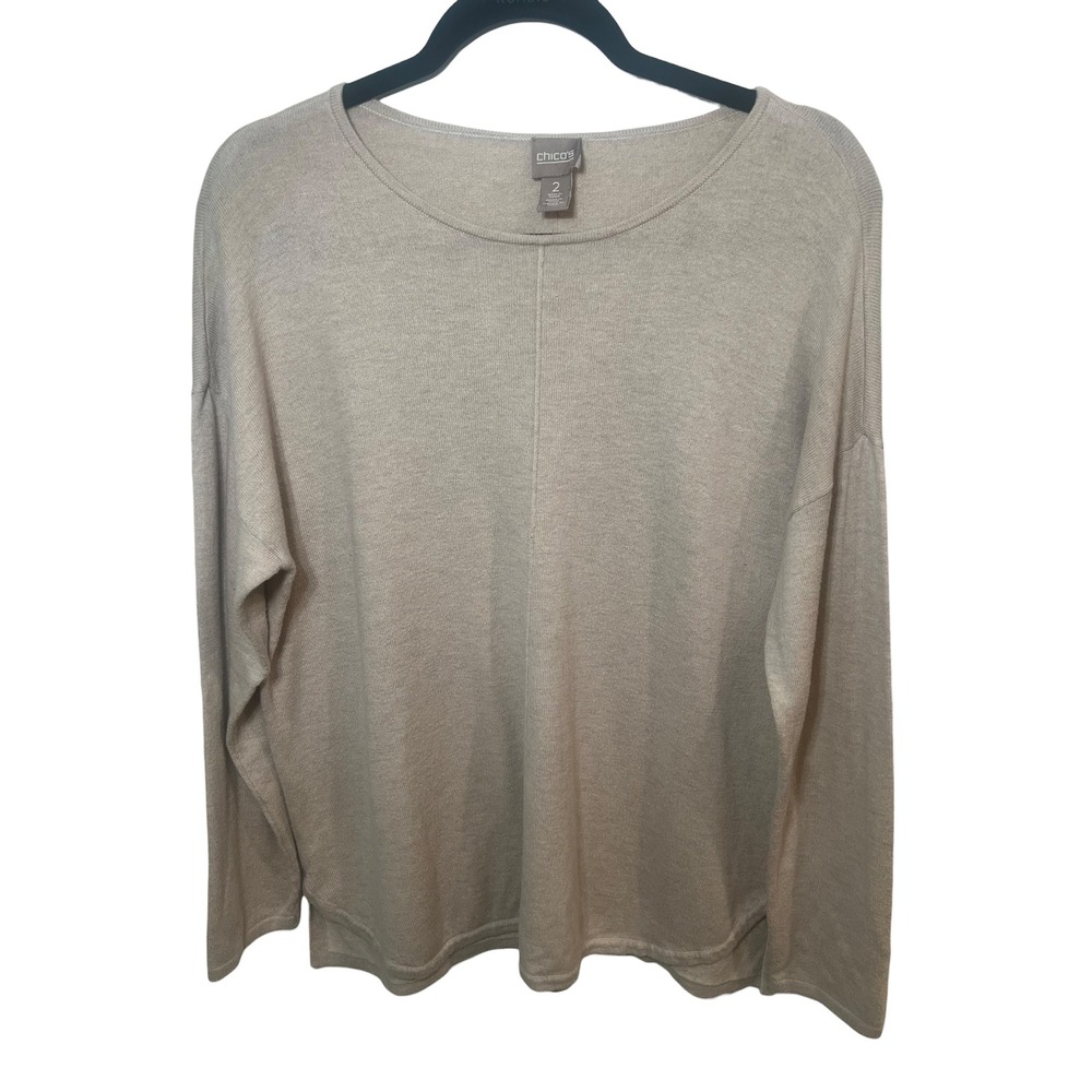 Chico's Relaxed Cotton Blend Sweater Tan Oversized Minimalist Knit Top L 12/14 - Picture 2 of 9